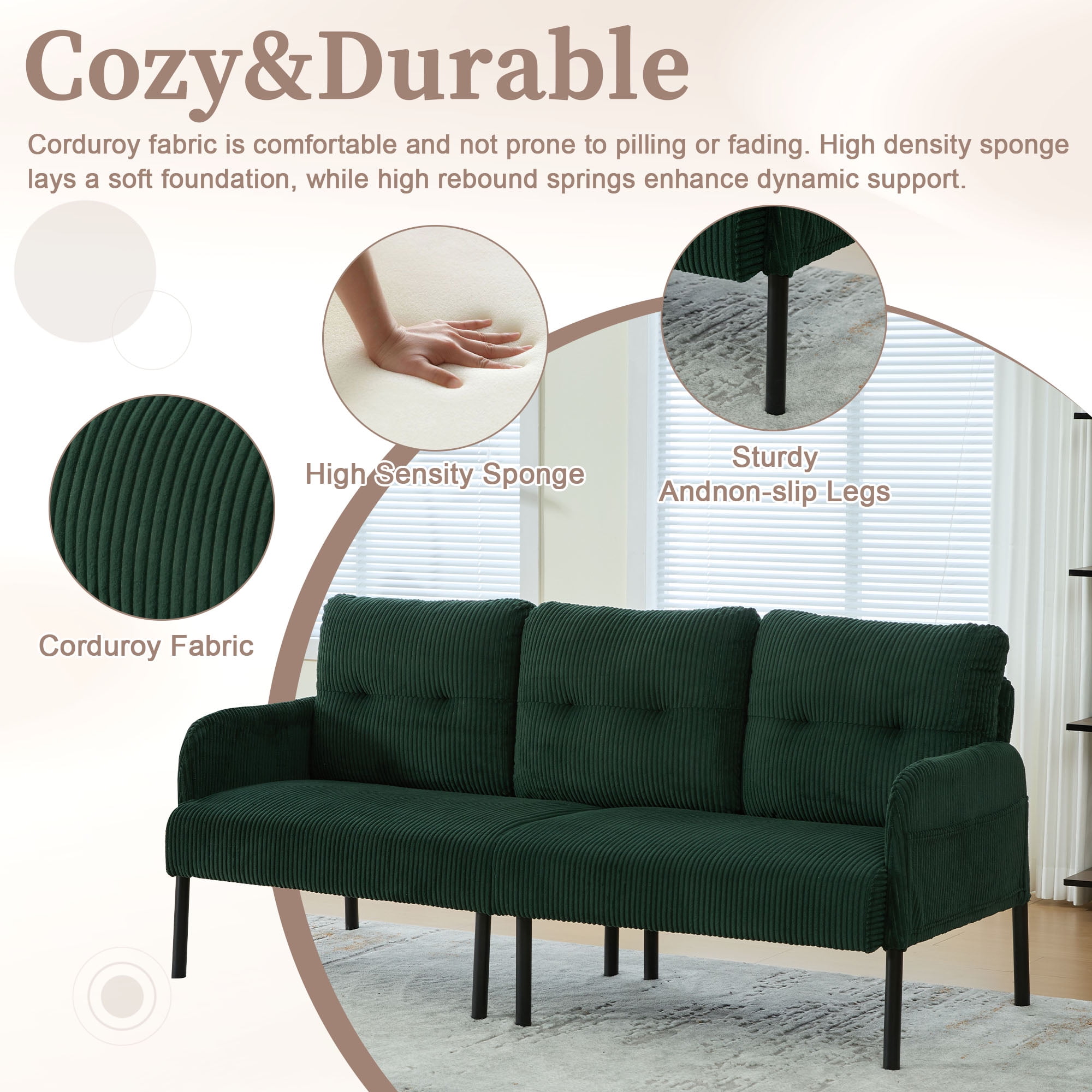 S-HOME Modern Plush Corduroy Upholstered Loveseat with Dual Side Pockets and Metal Legs, Sofa for Apartment, Emerald