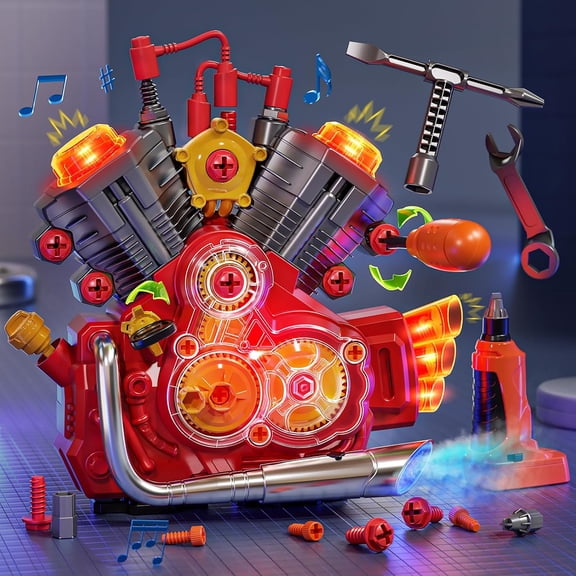 Engine Building Kit, Kids Mechanic Toys for Motorcycle Engine Toy, STEM Engine Model Kit Toy with Cool Light and Music, Educational Science Building for Boys Age 3 Year Old Mechanic Tools