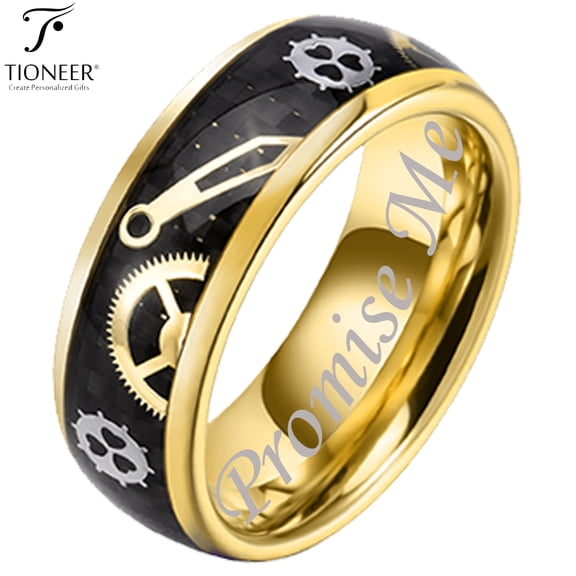 8mm Yellow Gold Plated Tungsten Carbide Wedding Band with Steampunk Gear Wheels Carbon Fiber Inlay w/ FREE Engraving Options