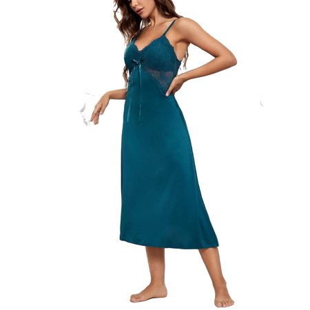 

Spaghetti Strap Plain Slip Dress Teal Blue Sleeveless Elegant Women s Nightgowns Sleepshirts