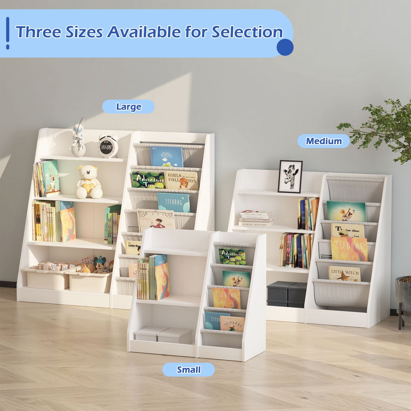 Hironpal Large 6 Layer Sling Kids Bookshelf, 4 Tier Wooden Children Toy Organizer Cabinet for Playroom Nursery Classroom Library