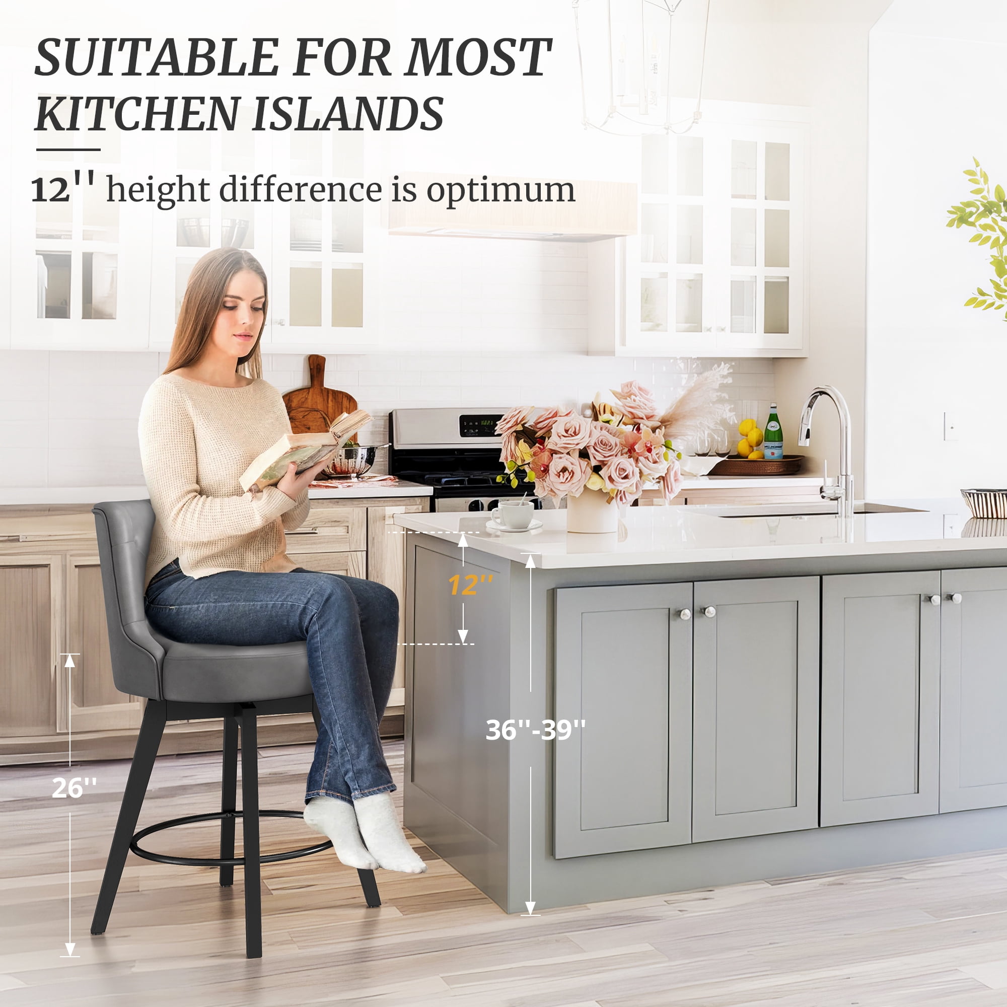 Dycanpo 26" Swivel Counter Height Bar Stools, with Back Faux Leather for Home Kitchen, Dark Gray