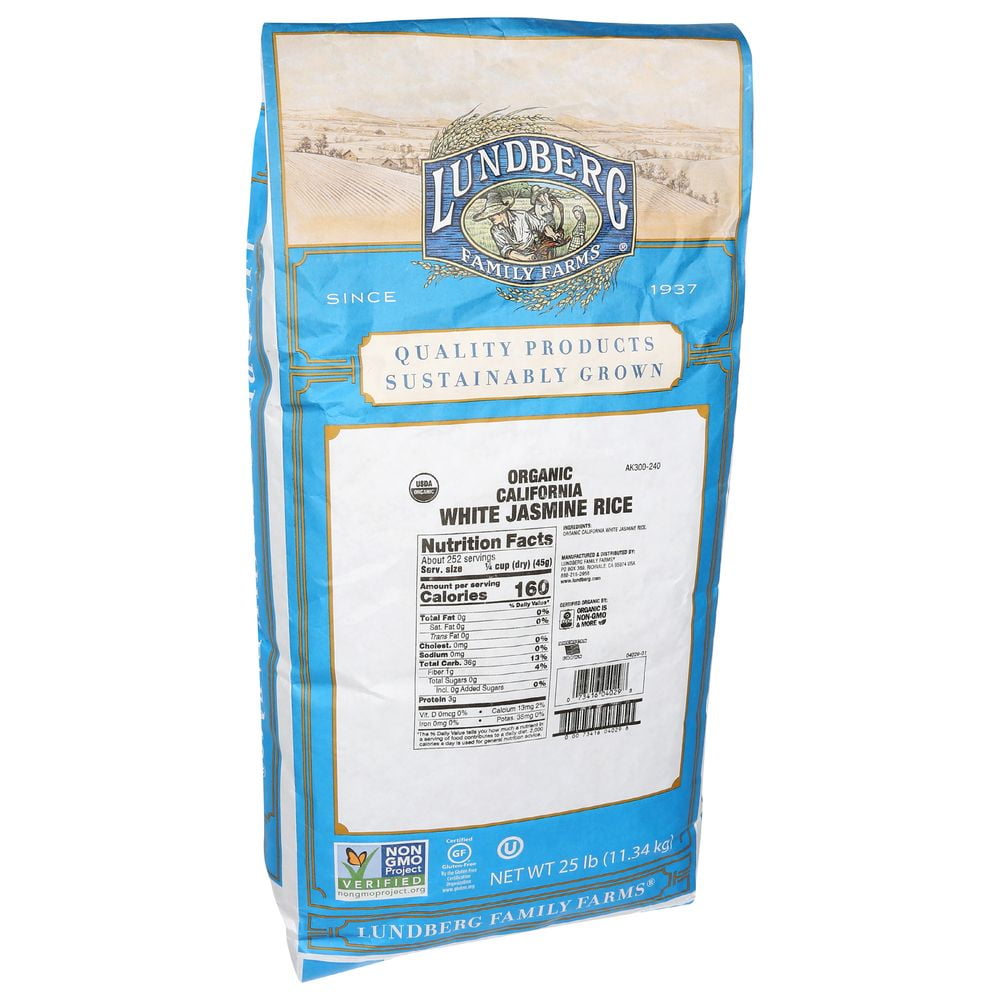 Lundberg Family Farms - Organic California White Jasmine Rice, Floral Scent, Fluffy Texture, Buttery Flavor, Clings When Cooked, Bulk Rice, USDA Certified Organic, Gluten-Free, Non-GMO, Vegan (25 lb)