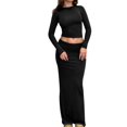 thumbnail image 3 of Cenuakty Women Fall Skirts Outfits Solid Color Crew Neck Long Sleeve T-Shirts Tops Packaged Hip Long Skirts 2 Pieces Clothes Set, 3 of 9