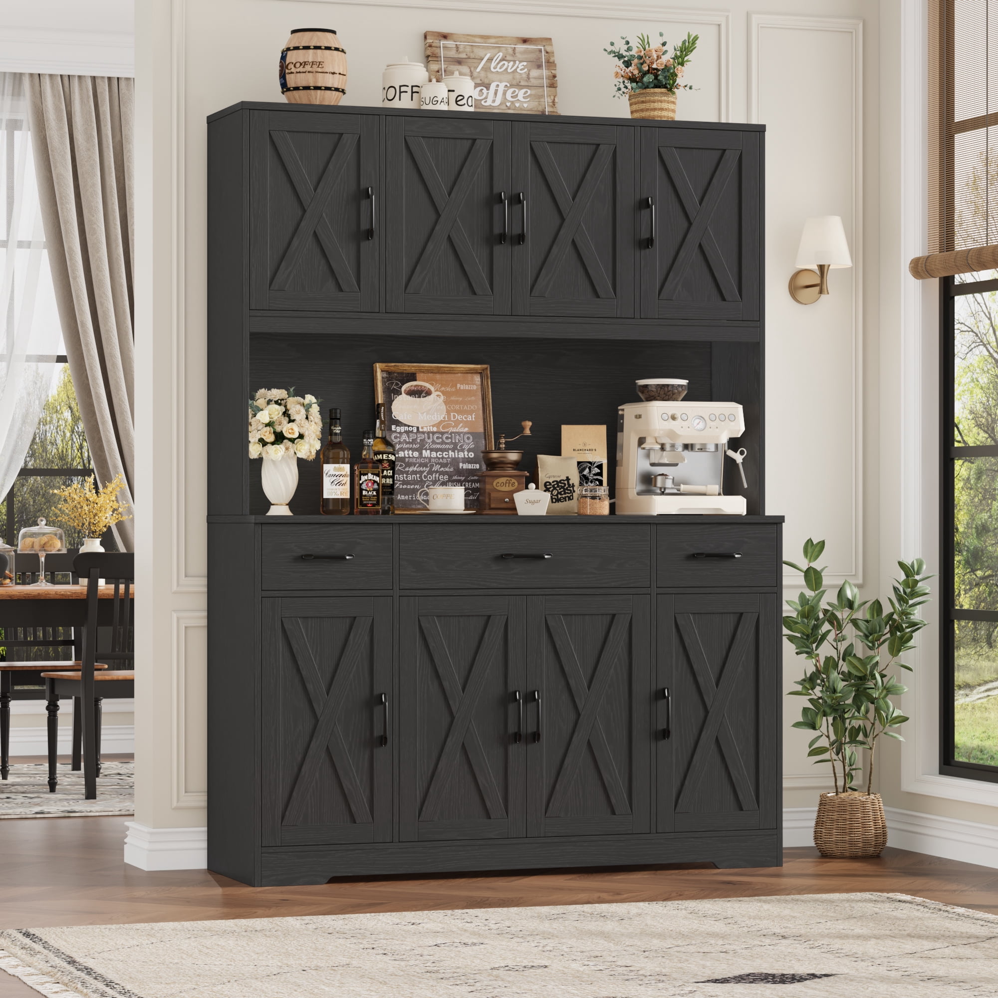 Homfa Kitchen Pantry with Hutch and Drawers, 71" Tall Storage Cabinet with 55" Wide Countertop and Built-In Power Outlet, Farmhouse Coffee Bar for Dining Room, Black Bark Grain