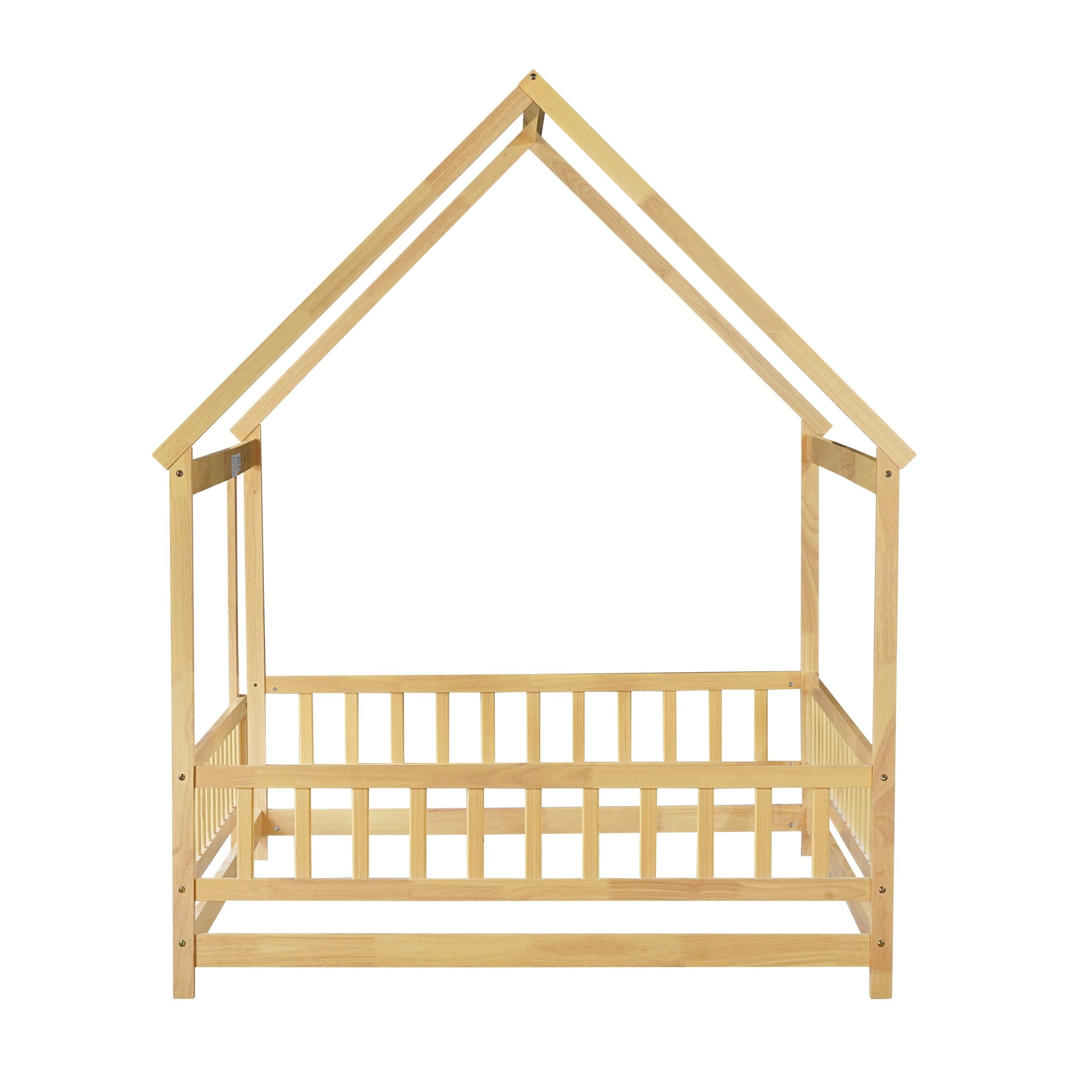 Noble House Travis Full House Floor Bed with Roof Frame and Safety Fence, Sturdy Wood Montessori Bed, Natural
