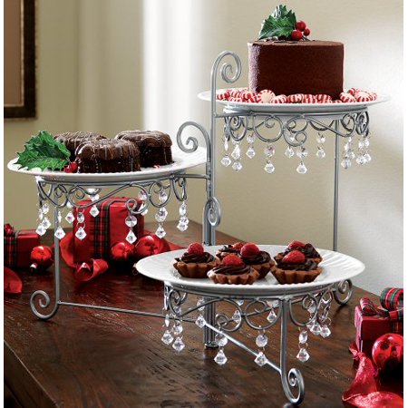 

Beaded 3 Tier Silvertone Swivel Server - Clear