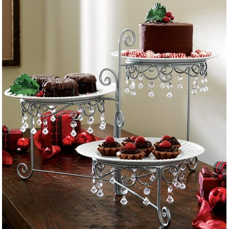 Silver Plated Server - Beaded 3 Tier Silvertone Swivel Server - Clear