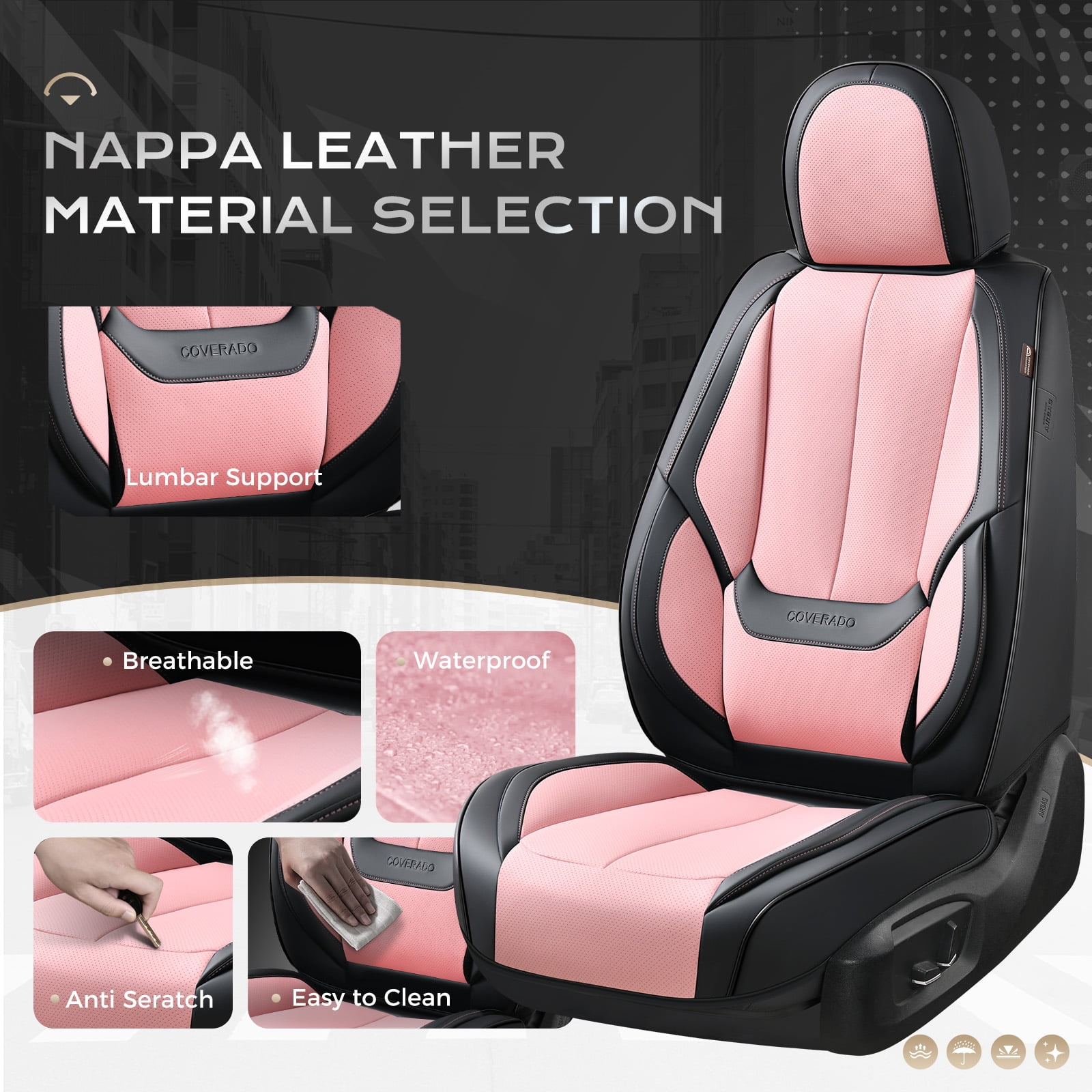 Coverado Black&Pink Car Seat Covers Full Set, Waterproof Premium Leather Front and Back Seat Protectors, Luxury Auto Interior Accessories, Universal Fit Most Cars Sedan SUVs Pick-up Trucks