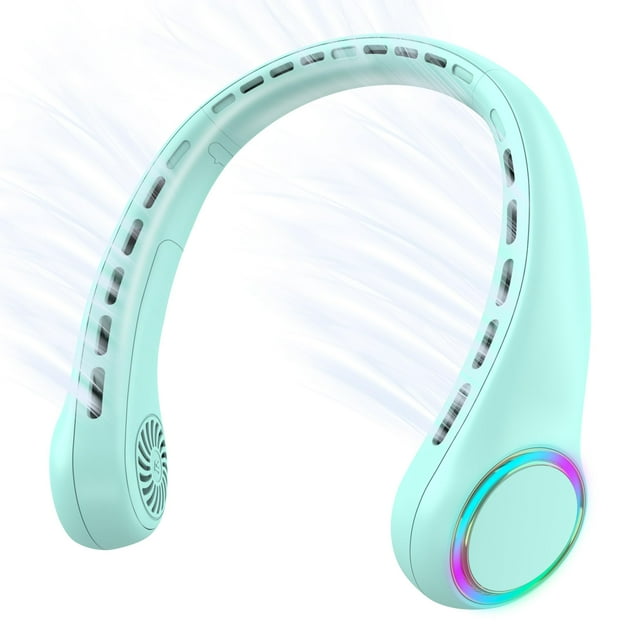 Innovative Bladeless Neck-Mounted Fan with USB Rechargeable, Ultra-Quiet Operation, LED Colorful Lights - Portable Hands-Free Cooling Solution for Sports, Outdoor & Indoor Use - F8 Light Green Model
