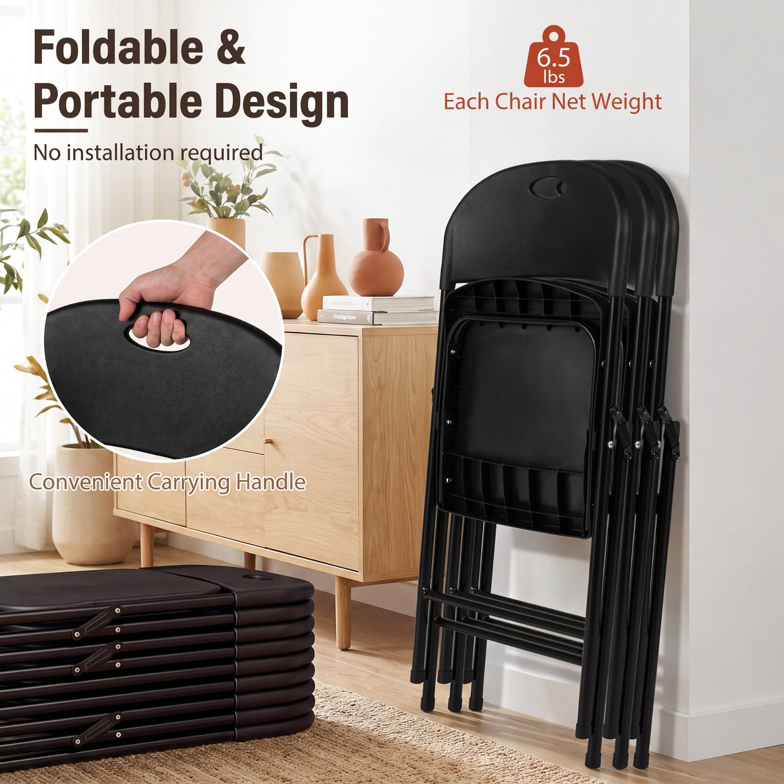 Furnibear Set of 6 Foldable Plastic Chairs with Ergonomic Backrest for Kitchen Dining Room Living Room Home, Black