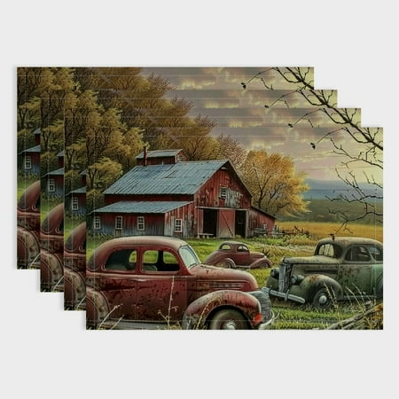 

Shiartex Old Cars Barn Linen Table Mats Set of 4 for Home Decoration and Dining Washable and Heat-Resistant 18x12in