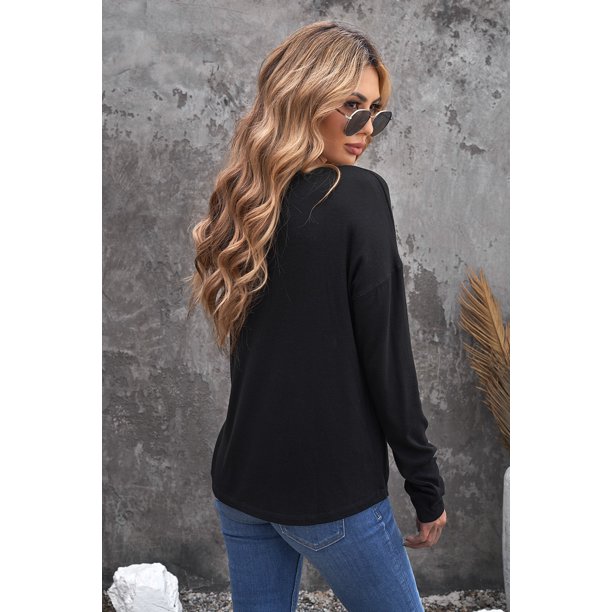 ABPHQTO Top de punto de manga larga con botones negros para mujer