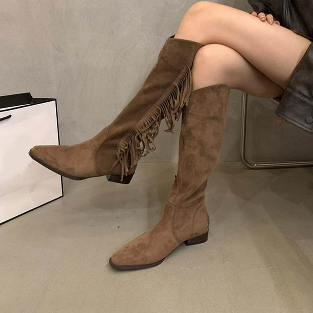 Semaine Walmart+ Aqestyerly Bottes pour Femmes Chaussures d'Hiver Bottes Cavalières Hautes à Lacets Franges d'Hiver Talon Bas Bottes Hautes