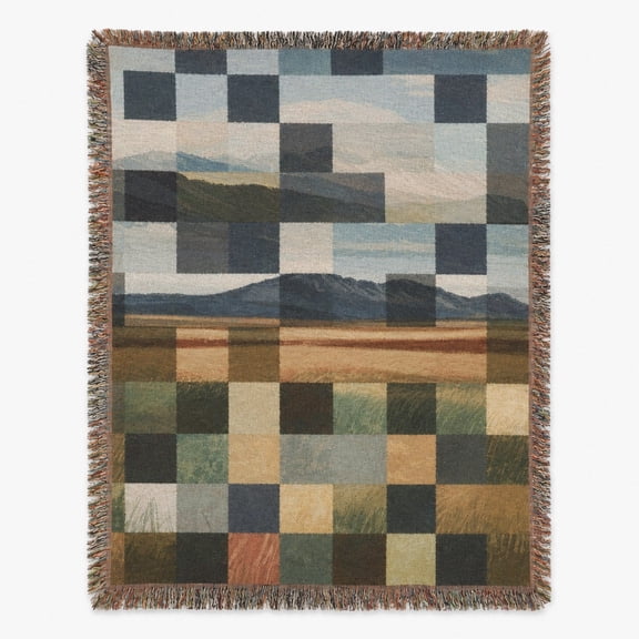 Abstract Patchwork Landscape in Navy, Sage and Beige Woven Blanket, 100% Cotton, Modern Scenic Home Accent