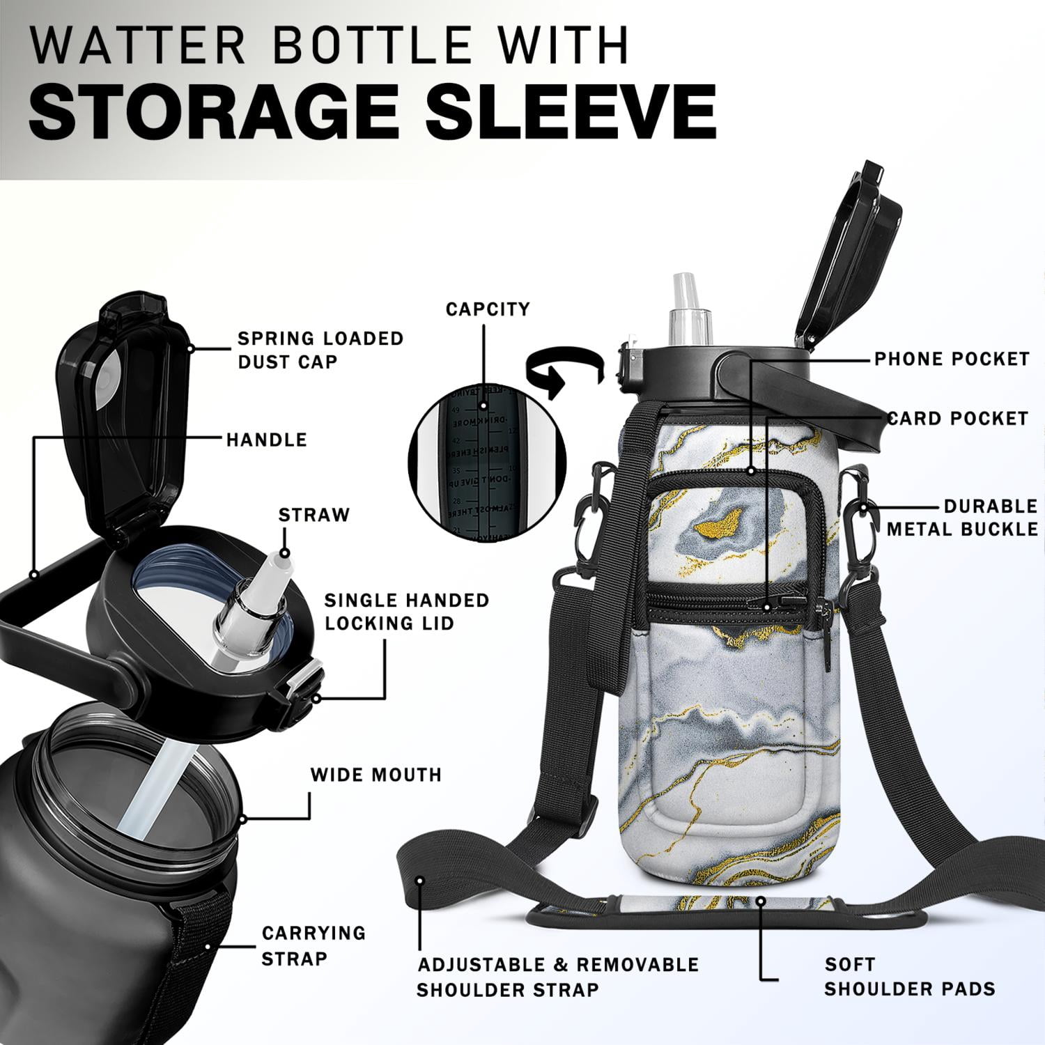 Gray&gold Marble 64 Oz Half Gallon Water Bottle with Sleeve BPA Free Leakproof Sport Large Plastic Water Bottle with Straw &Time Marker & Insulated Neoprene Holder Carrier Bagt Gift for Women Men