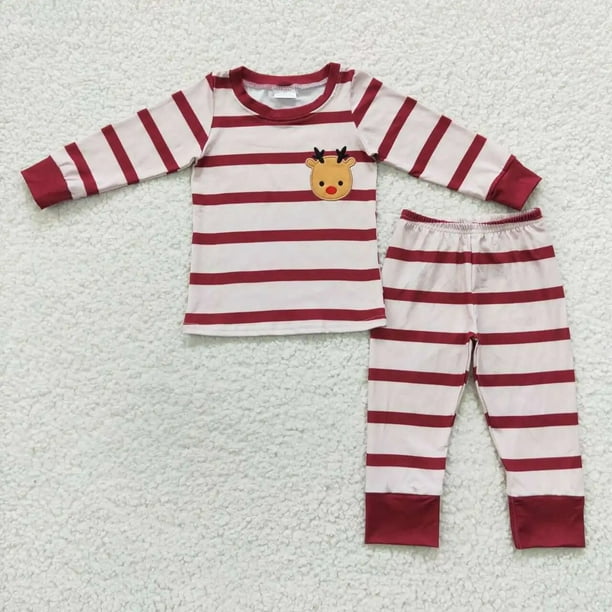 Venta al por mayor, traje de pastel de Papá Noel de Navidad para bebés, conjunto de bordado para niños, pantalones a rayas de manga larga, ropa de dormir para niños, pijamas para niños pequeños