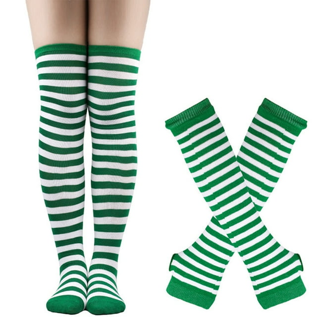 Unatoiry Thick Thighs Long Socks With Long Gloves Set Made With Polyester Comfortable To Wear Easy To Match Wide Application green and white 1Set