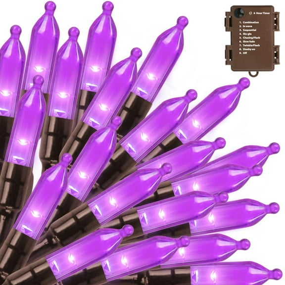 Purple Halloween Lights Battery Operated,Total 18Ft 50 LED Mini String with Timer 8 Modes Twinkle Light Outdoor Waterproof for Tree Garland Decor