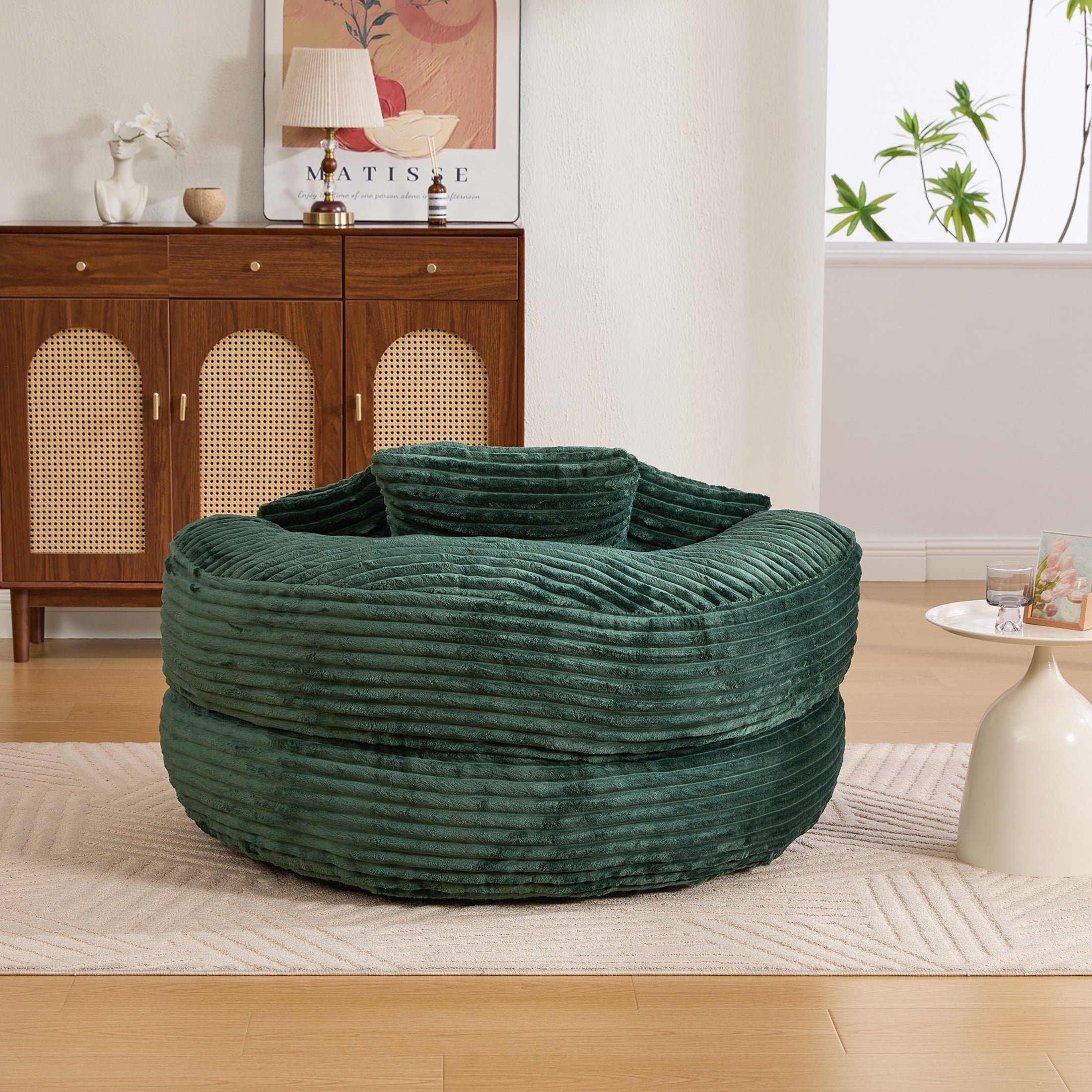 Noble House Corduroy Bean Bag Chair with Memory Foam, Armrests and 3 Pillows, Emerald