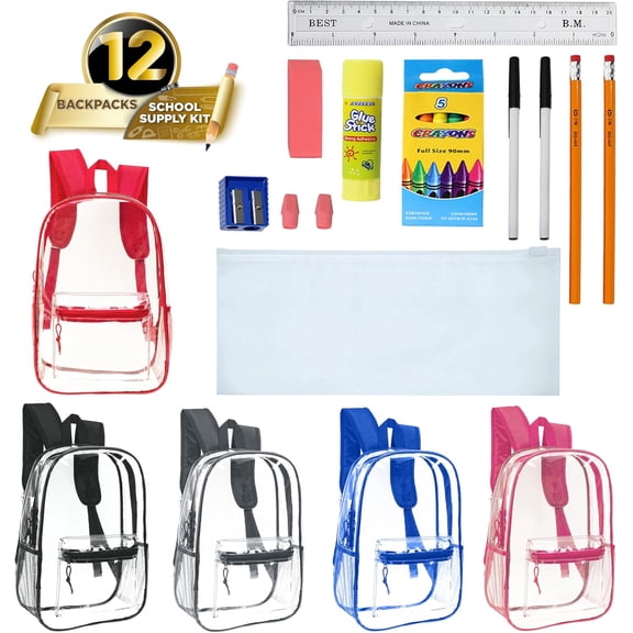 Moda West 17 Inch Bulk Backpacks with School Supply Kit - Case of 12 Wholesale Backpacks Assorted Colors