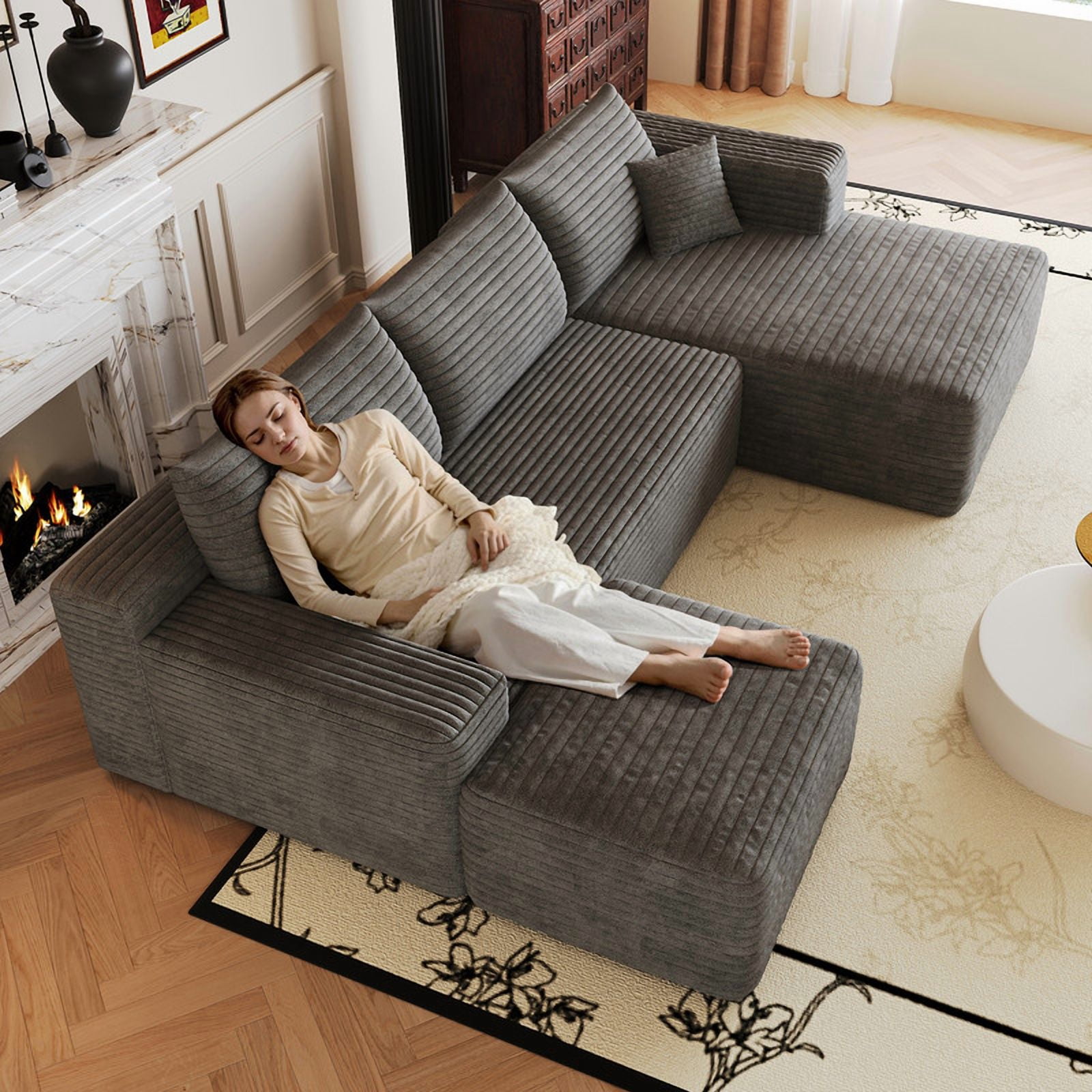 103" U Shaped Cloud Sectional Sofa with Ottoman, Modern Modular Corduroy Fabric Couch with Deep Seat and Chaise, Minimalist Upholstered Corner Sofa for Living Room, Apartment, No Assembly Required