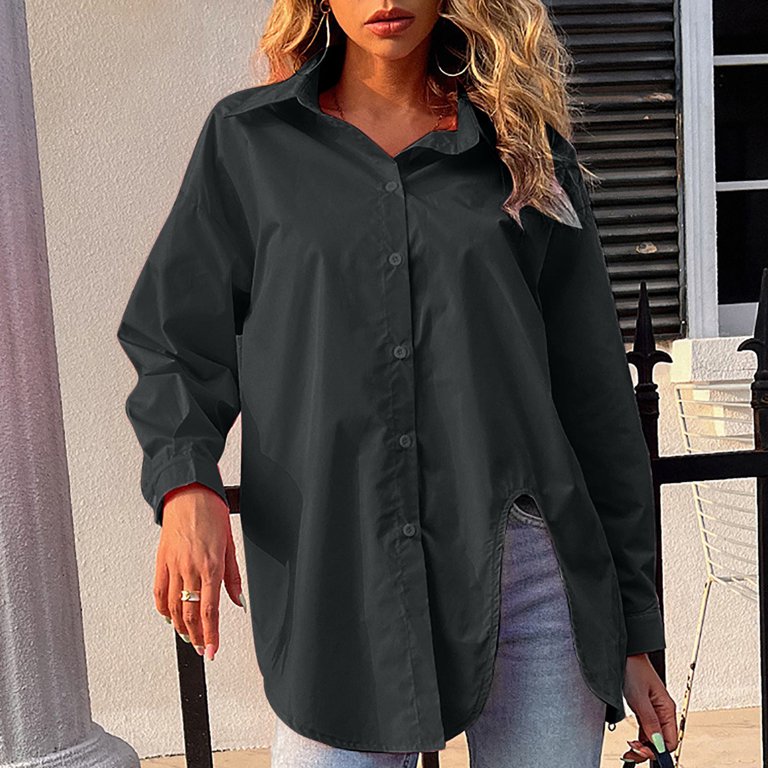 Long Sleeve Shirts Comfy Button Down Collared Solid Plus Size Tops for  Women Tunic Tops to Wear with Leggings Flowy Hide Belly Long Shirt Dressy  Black