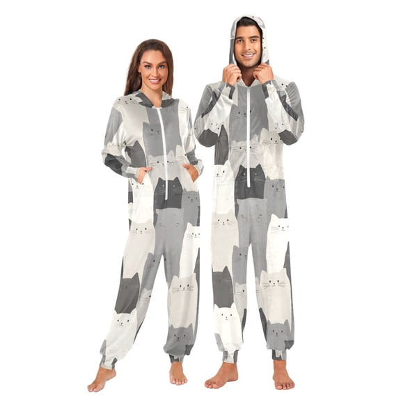 FORMRS Onesies Pajama for Adults Unisex Hoodie Winter Jumpsuit One Piece Sleepwear, Sizes S-2XL, Gray Cute Cats