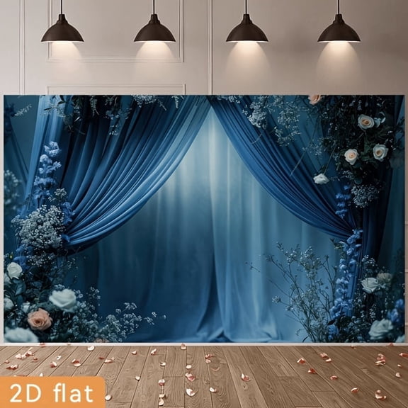 Enchanting Dark Blue Wedding Backdrop Blue White Curtain Bridal Shower Background Rose Floral Birthday Graduation Party Decorations Banner Supplies Photo Booth Props