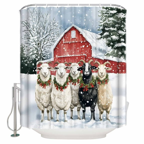 Winter Christmas Shower Curtain, 60" x 72", Goat Red Farmhouse Snowy Waterproof Bathroom Curtain Washable Shower Curtain Set with 12 Hooks