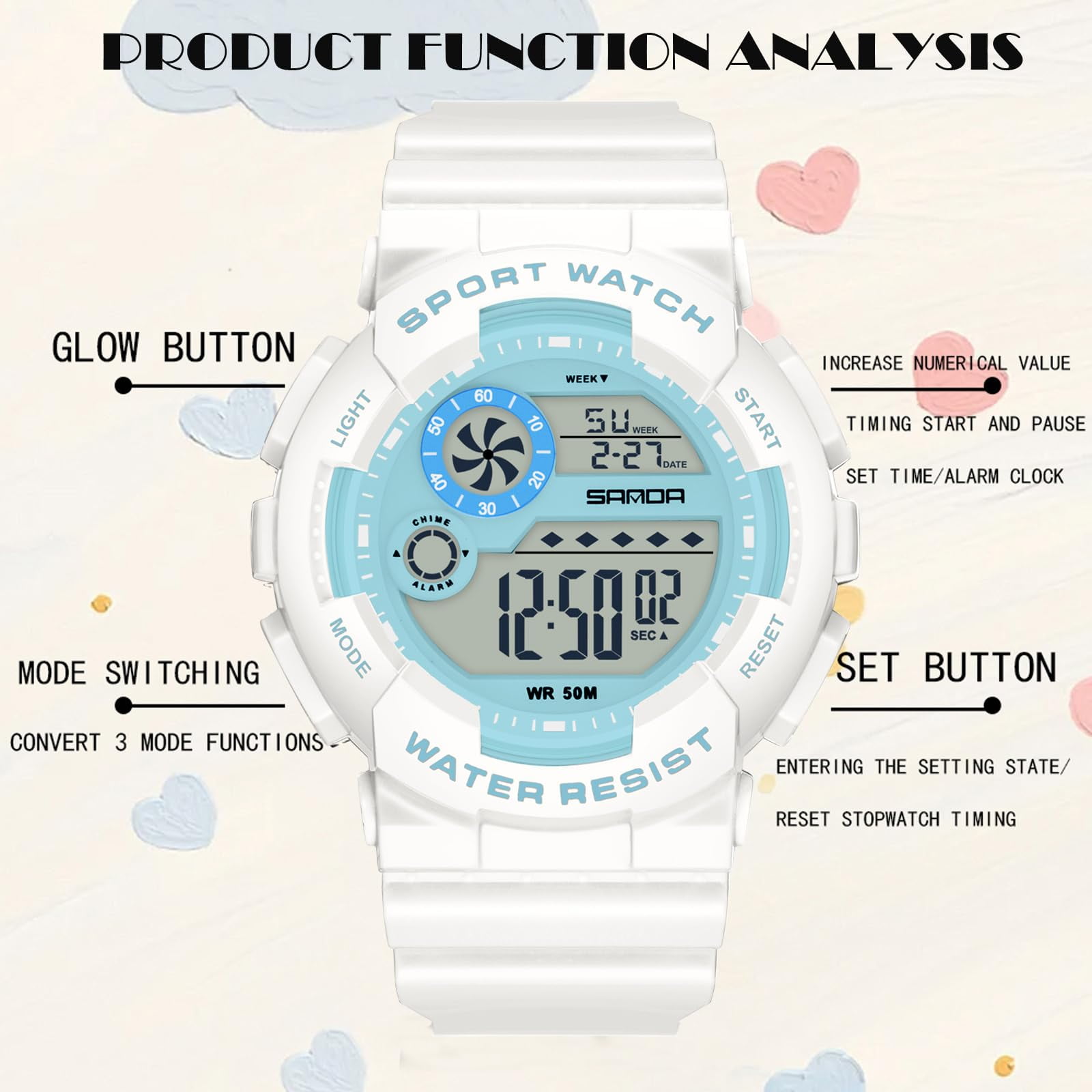 Findtime Digital Watch Womens Sport Waterproof White Wrist Watches for Women with Alarm Stopwatch Hourly Chime LED Display 12H/24H Calendar