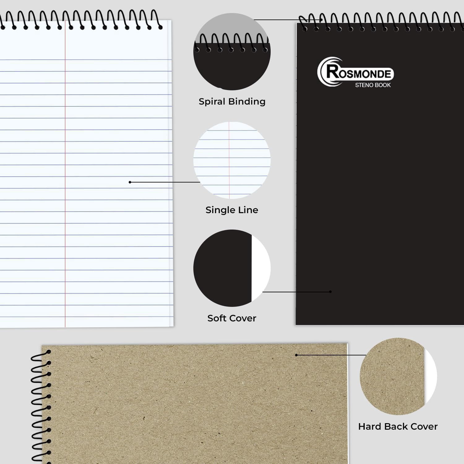 Rosmonde Spiral Steno Pads 12 Pack, 6 x 9 in, Gregg Ruled, 80 Sheets (160 Pages), Top Spiral Notebook, Black Cover, Bulk Steno Pads for Business, Office & Professional Use