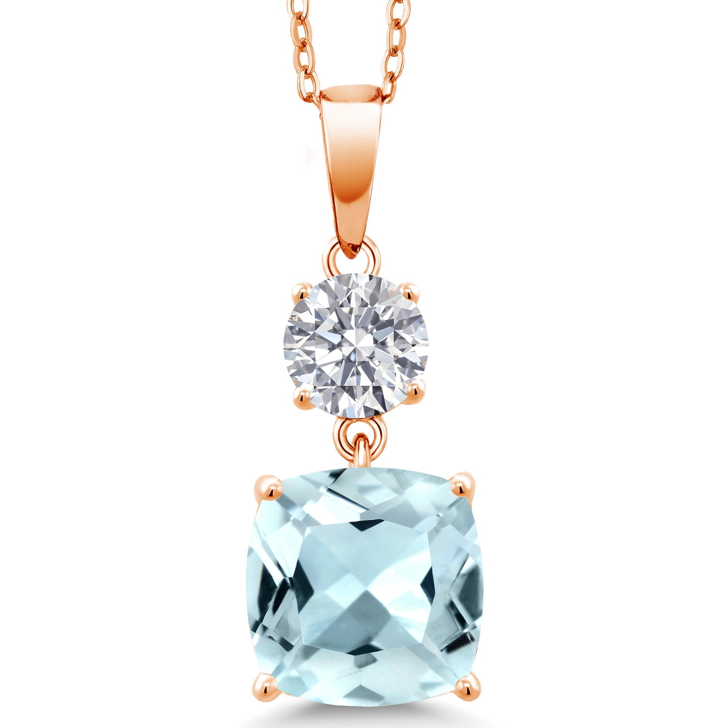 Gem Stone King 18K Rose Gold Plated Silver Sky Blue Simulated Aquamarine and Lab Grown Diamond Pendant for Women | 4.54 Cttw | Gemstone March Birthstone | Cushion 10MM