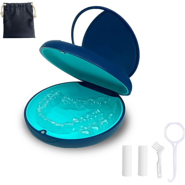 Étui de Retenue, Étui d'Alignement avec Miroir, Design Séparé de Miroir et Espace de Rangement, Support de Retenue Rond avec Outil de Retrait d'Aligneur, Chewies & Brosse, Ensembles de Sacs de Rangement (Bleu Foncé+silicone Cyan)