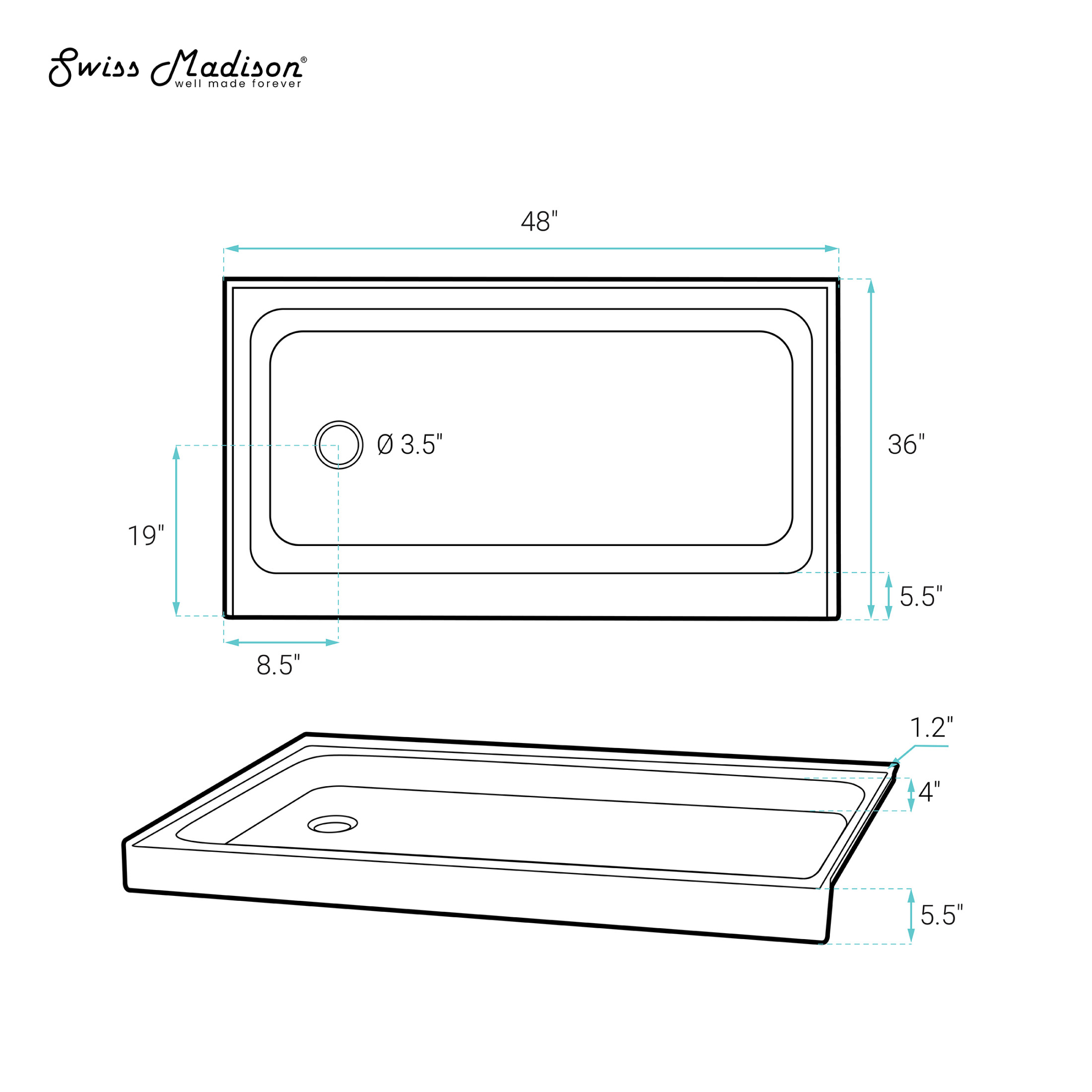Voltaire 48" x 36" Single-Threshold, Left-Hand Drain, Shower Base in Biscuit