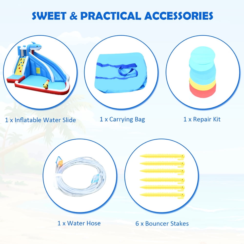 Aimee Lii Inflatable Shark Bounce House with Water Slide and Climbing Wall without Blower, Bounce House Water Slide for Kids 5-12