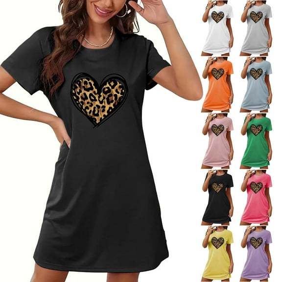 Oksale Leopard Love Graphic Nightgown for Women Soft Cozy Short Sleeve Mini Sleep Shirts Casual Crew Neck Pajama Dress for Home Black M