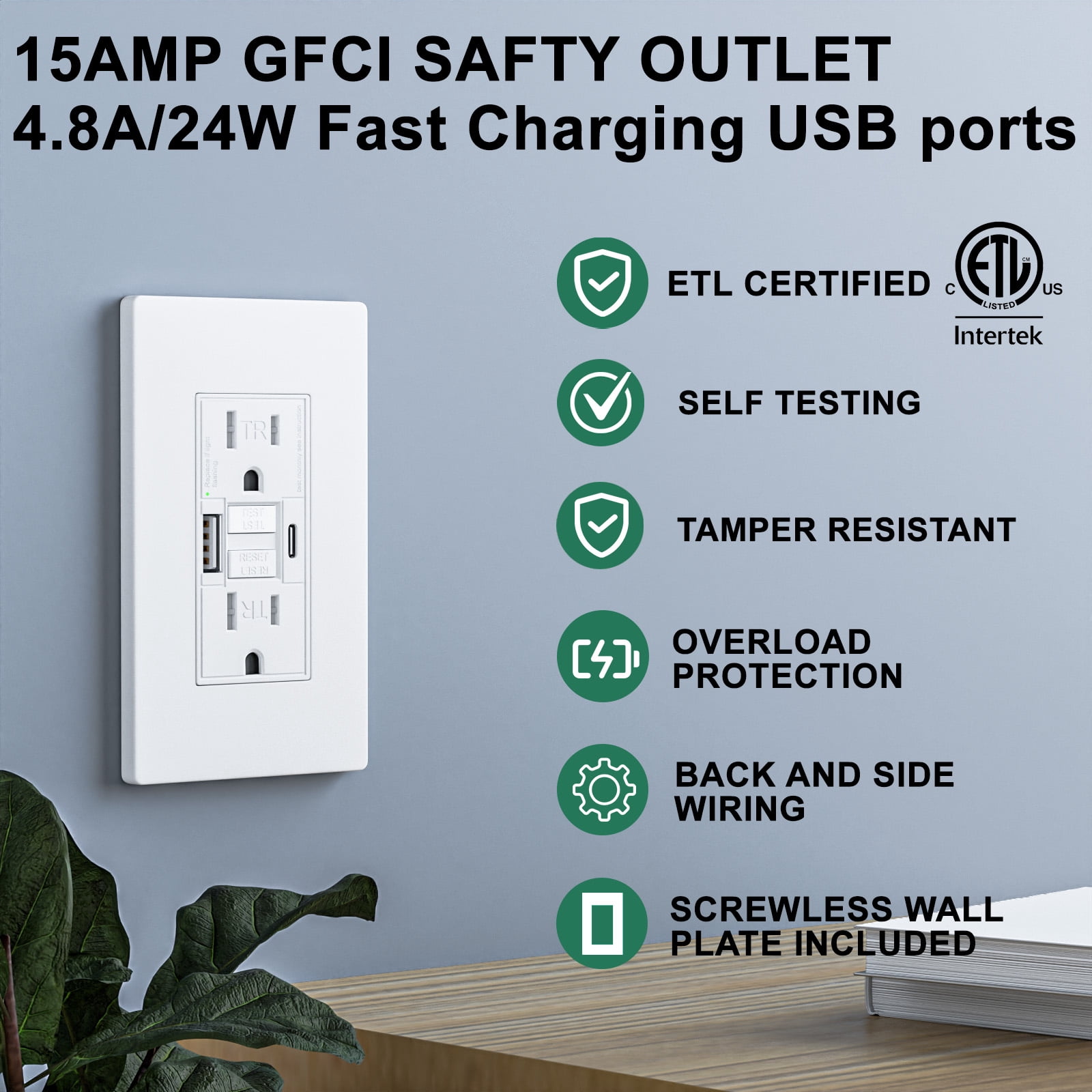 BRILLTECH 15AMP GFCI Outlet with 4.8A/24W Type A & Type C USB Charging Ports, Self-Test, Tamper Resistant, GFCI Receptacle Outlet, Screwless Wall Plate Include, ETL Listed, White