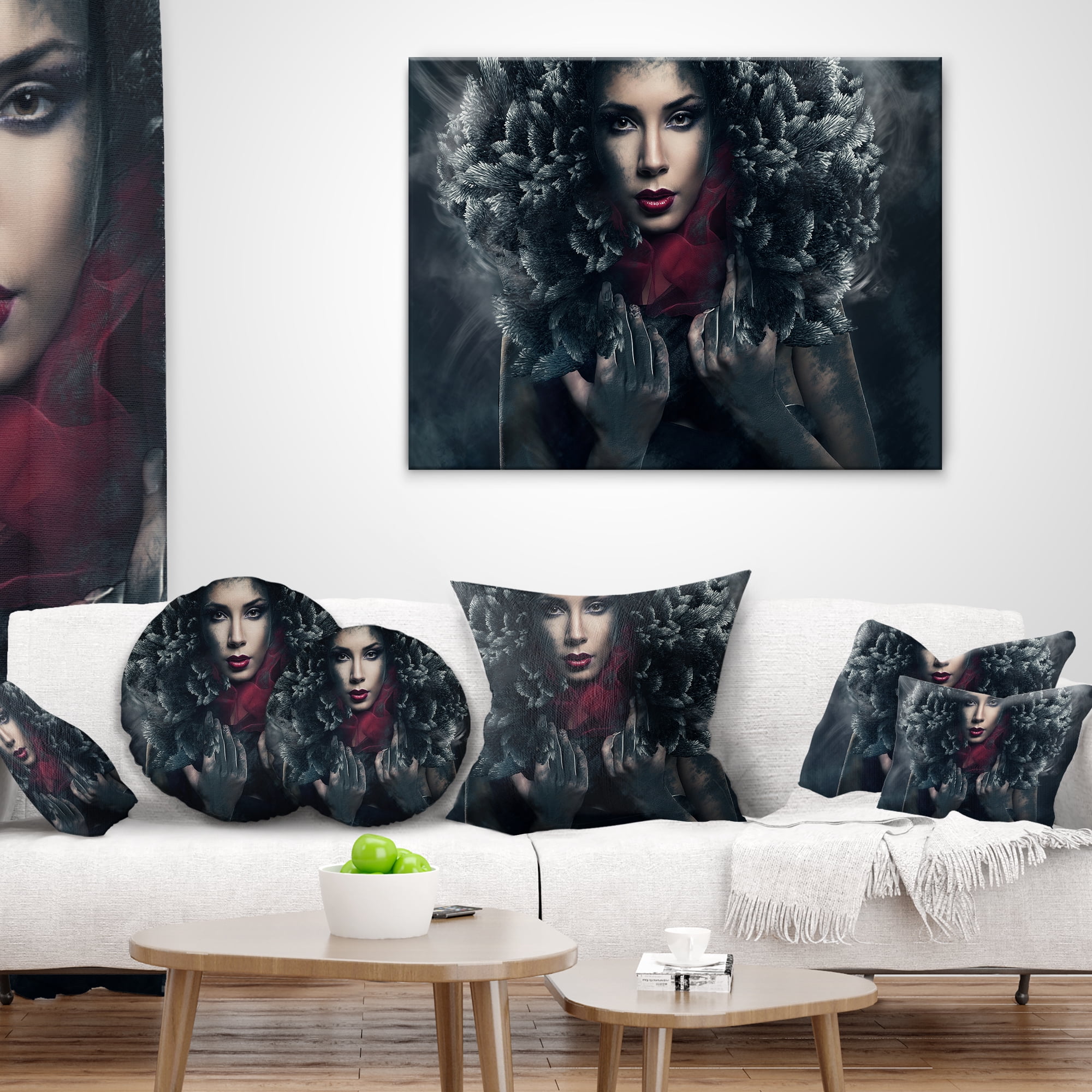 Designart Passionate Woman in Feather Hood - Portrait Throw Pillow - 12x20