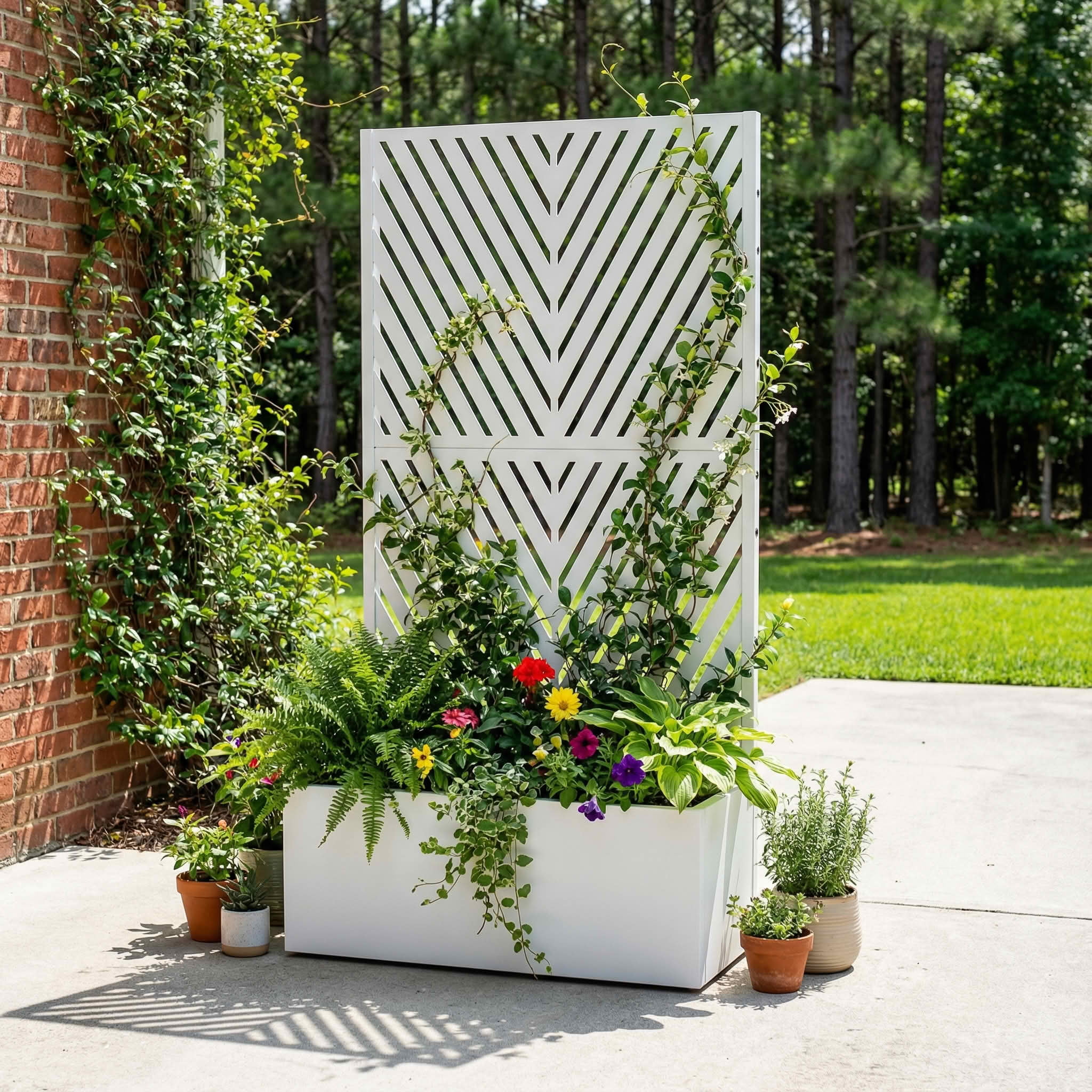 MAYEERTY 59X30" Metal Outdoor White Privacy Screen with Planter Box for Backyard & Garden, 2 Piece Set