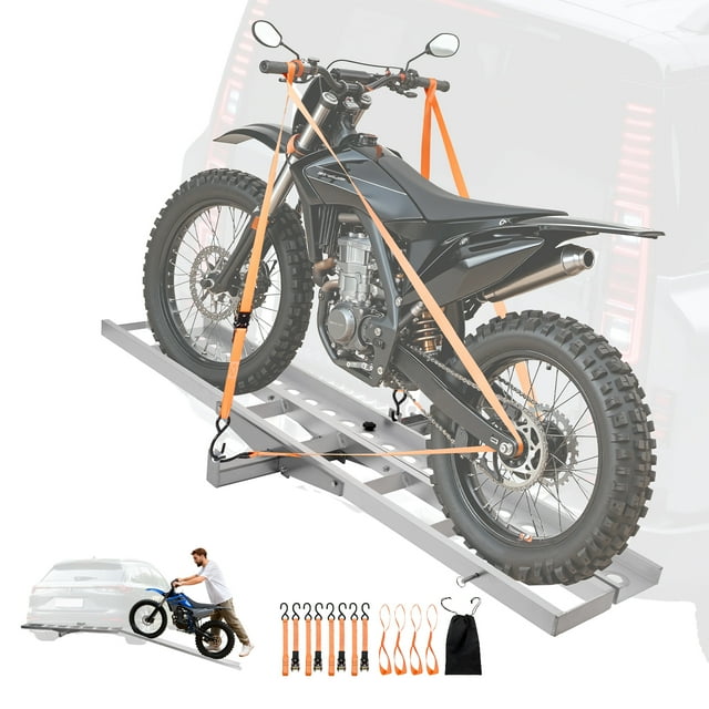 VEVOR Motorcycle Carrier, 400 lbs Capacity, Heavy Duty Aluminum Hitch Mount Rack with 73in Loading Ramp, Straps & Stabilizer, Scooter Dirt Bike Trailer Hauler