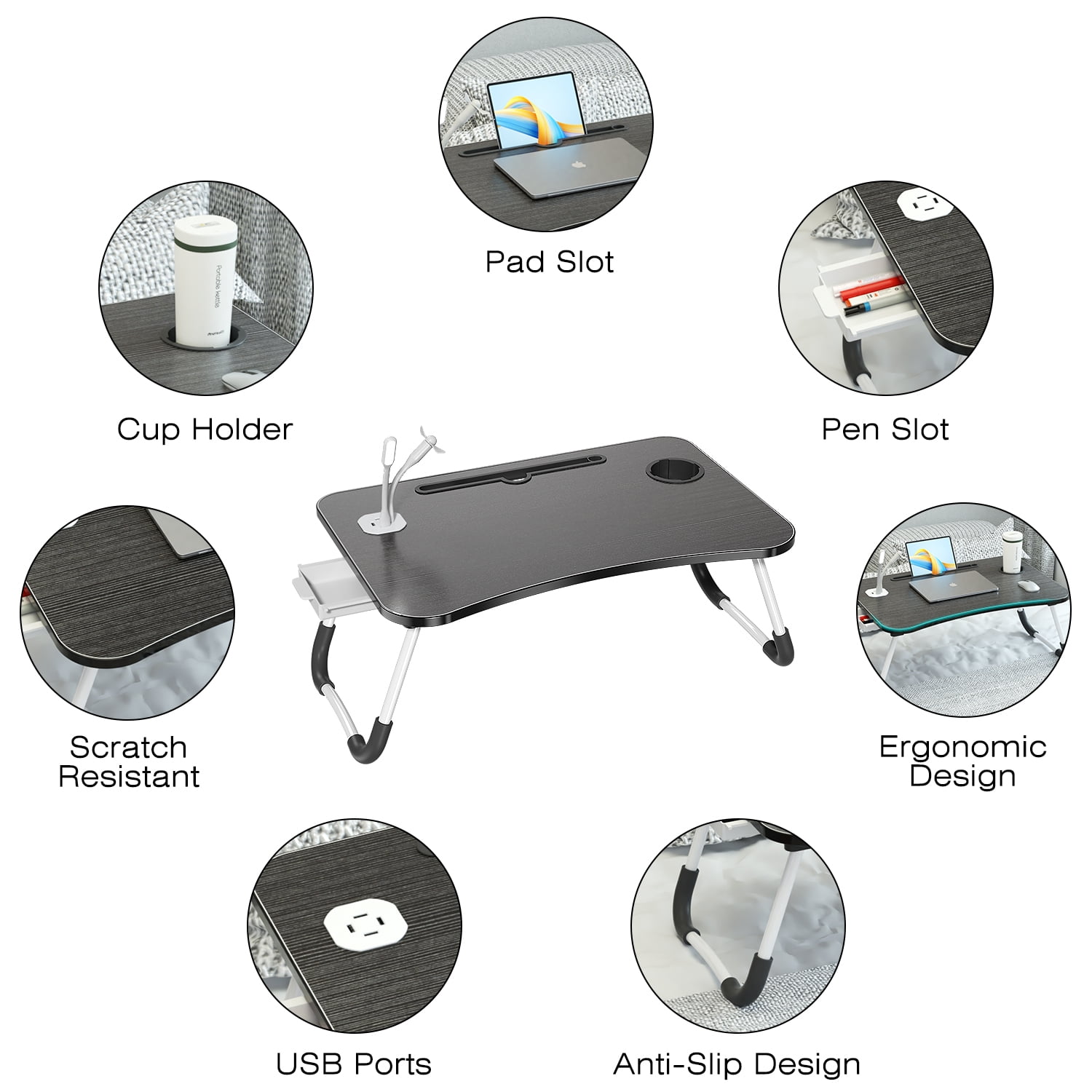 Foldable Laptop Desk for Bed, Bed Tray Table with 4 USB Ports, Cup Holder and Draw, Bed Standing Table for Working Reading Writing, Eating for Bed Sofa Couch Floor, with Mini Lamp & Fan