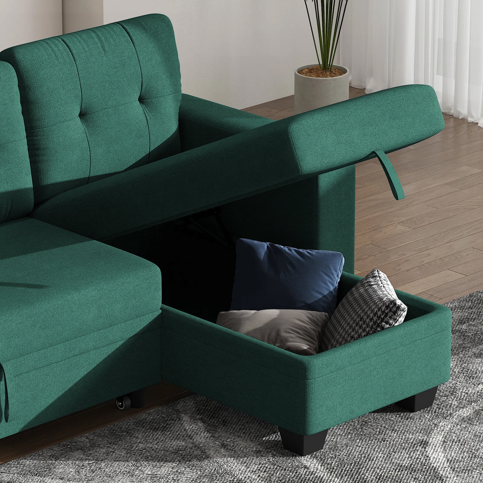 DEALTOPS Linen Reversible Sleeper Sectional Sofa Bed with Storage Chaise,Green
