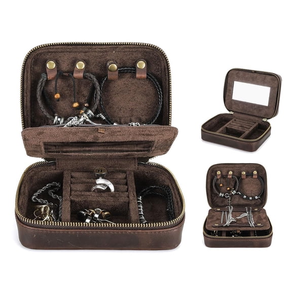 CONTACTS Genuine Leather Jewelry Box for Men Travel Jewelry Organizer Zipper Jewelry Cufflinks Ring Necklace Bracelet Storage Cas