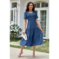 thumbnail image 4 of ROSE ROUND Summer Dresses For Women Casual V Neck Sundress Smocked Tiered Midi Dress Flutter Flowy Solid Short Sleeve Dress （Blue，S), 4 of 6