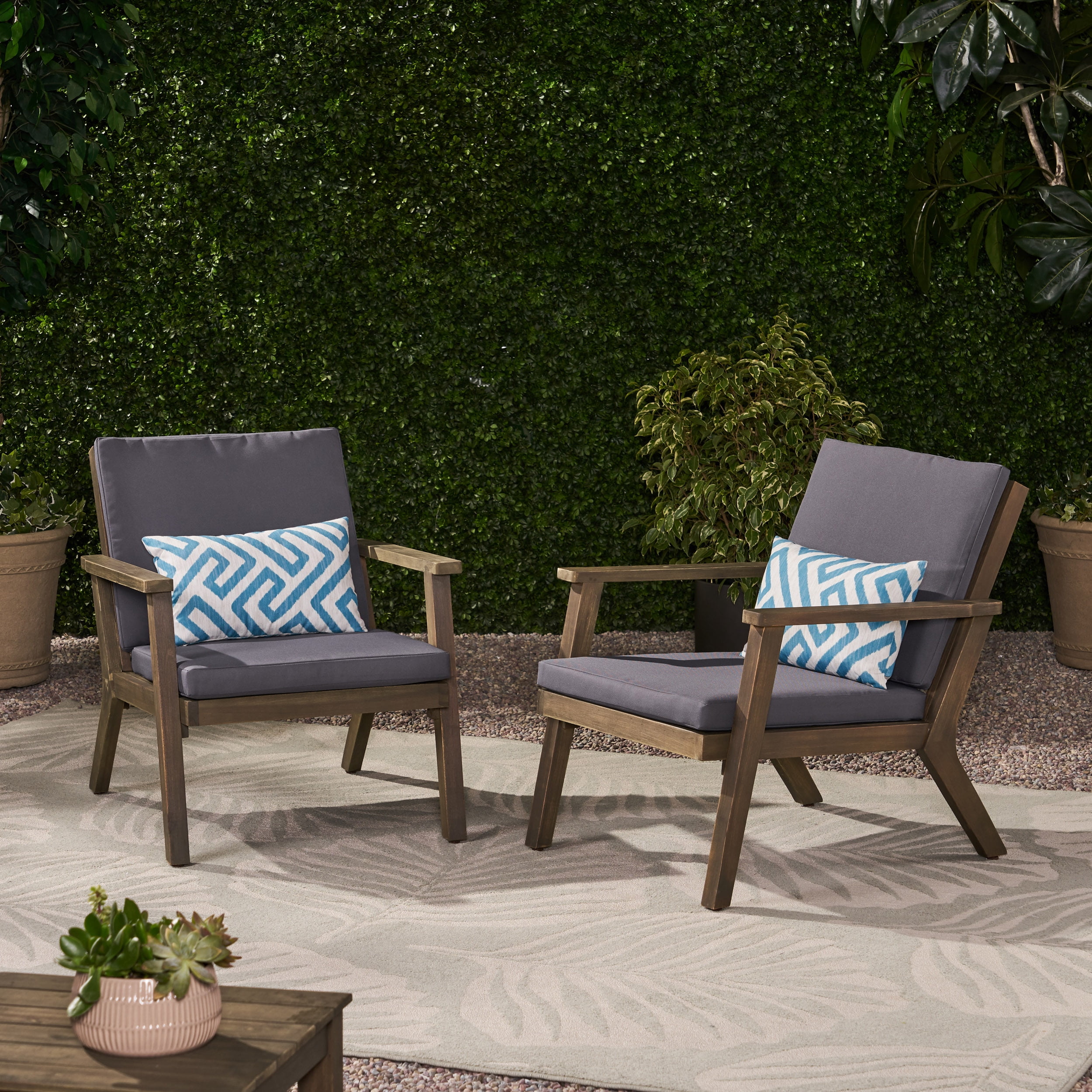 Euroco 2-Piece Outdoor Acacia Wood Patio Chair Set with Water-Resistant Cushions and Slatted Back Design, Natural Finish
