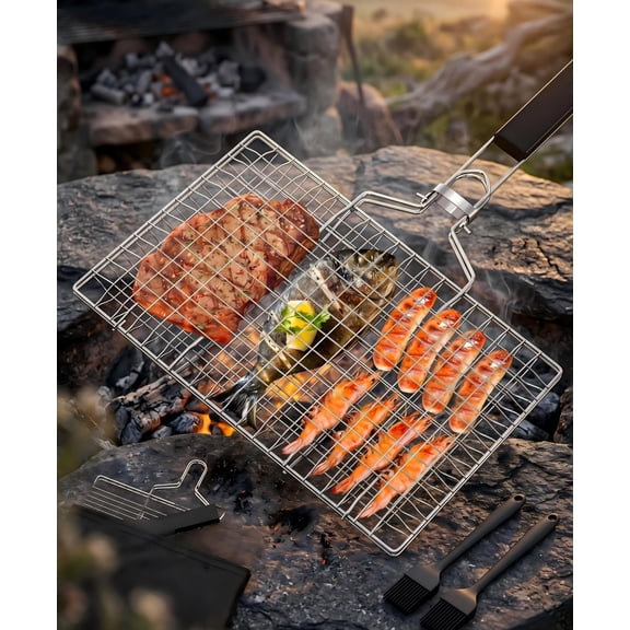 Fish Grill Basket, Folding Portable Fish Grilling Rack for BBQ – Stainless Steel Grilling Basket for Veggies, Shrimp & Meat Cook, Comes with 2 Basting Brushes