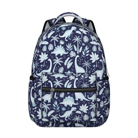 Dinosaur and Foliage Navy Blue Pattern Backpack for School, Cute School Bag with Adjustable Shoulder Straps and Padded Back, 15.3"x11"x7.1"