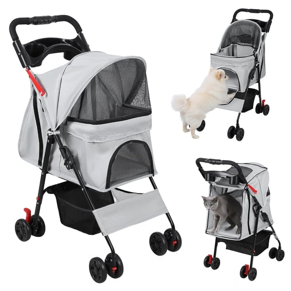 Lanzxjv 4 Wheels Pet Stroller, Foldable Cat And Dog Stroller with Mesh Windows, Cup Holder, Storage Basket, Breathable Pet Strolling Cart Holds up to 22lbs for Small Medium Dogs Cats All-Season Use