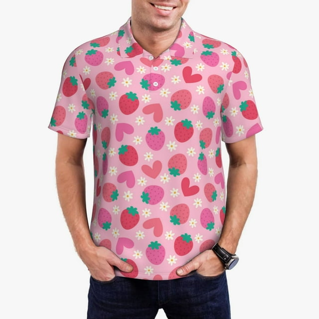 Balery Haear Strawberry Camisa Polo de Hombre con Estampado, de Manga Corta y Tejido Medio, Camisa Tipo Golf Polo-Large